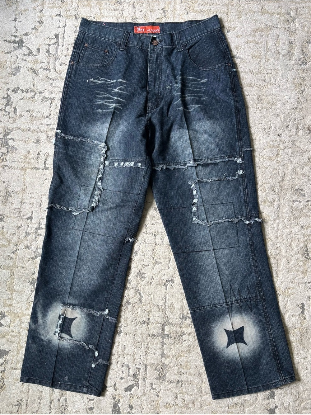 Vtg XO New York Blue Jeans Baggy Patchwork Distressed 34x32 90s Y2K Skater